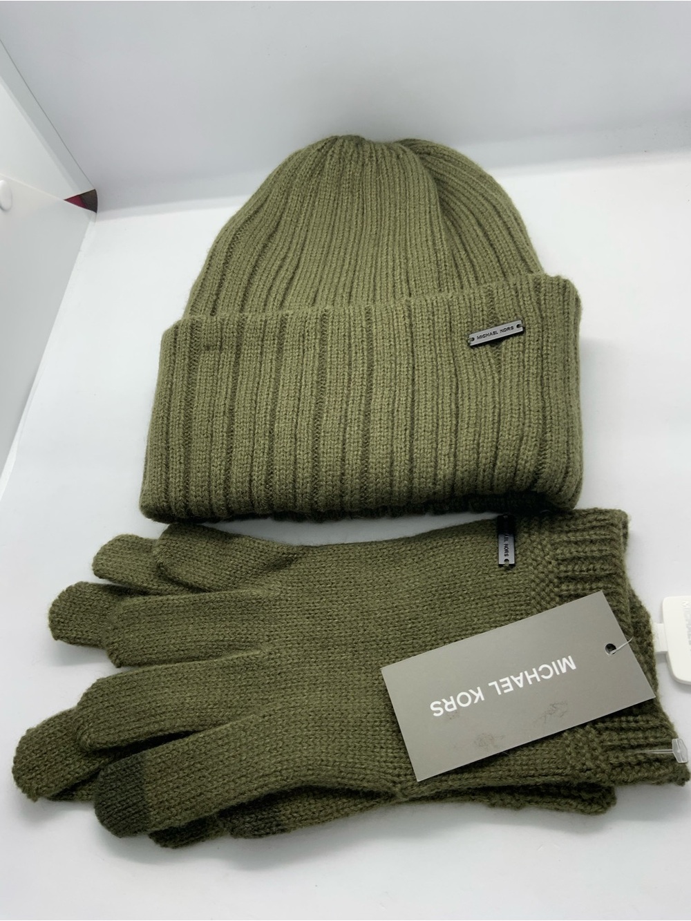 Michael Kors Olive Green Ribbed Knit Beanie and Gloves